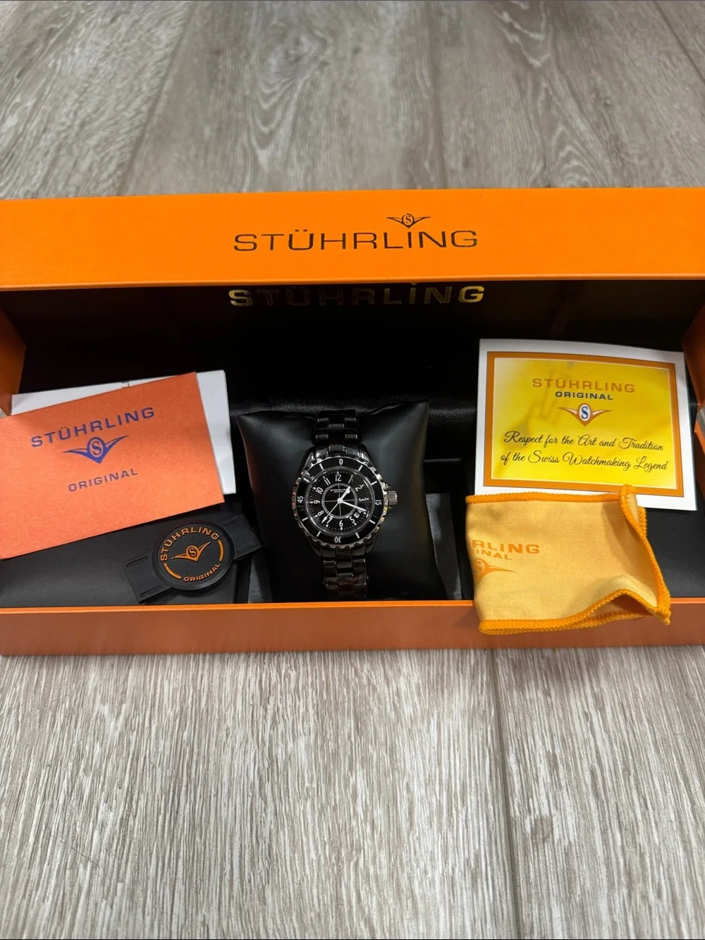 STUHRLING ORIGINAL Black Ceramic Women's Bracelet Watch